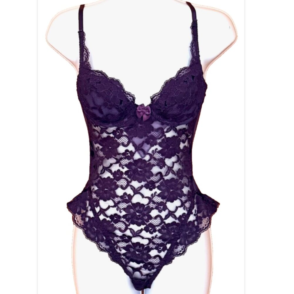 Vintage Victorias Secret 34A Gold Label Teddy Sexy Lingerie Purple Lace Bodysuit